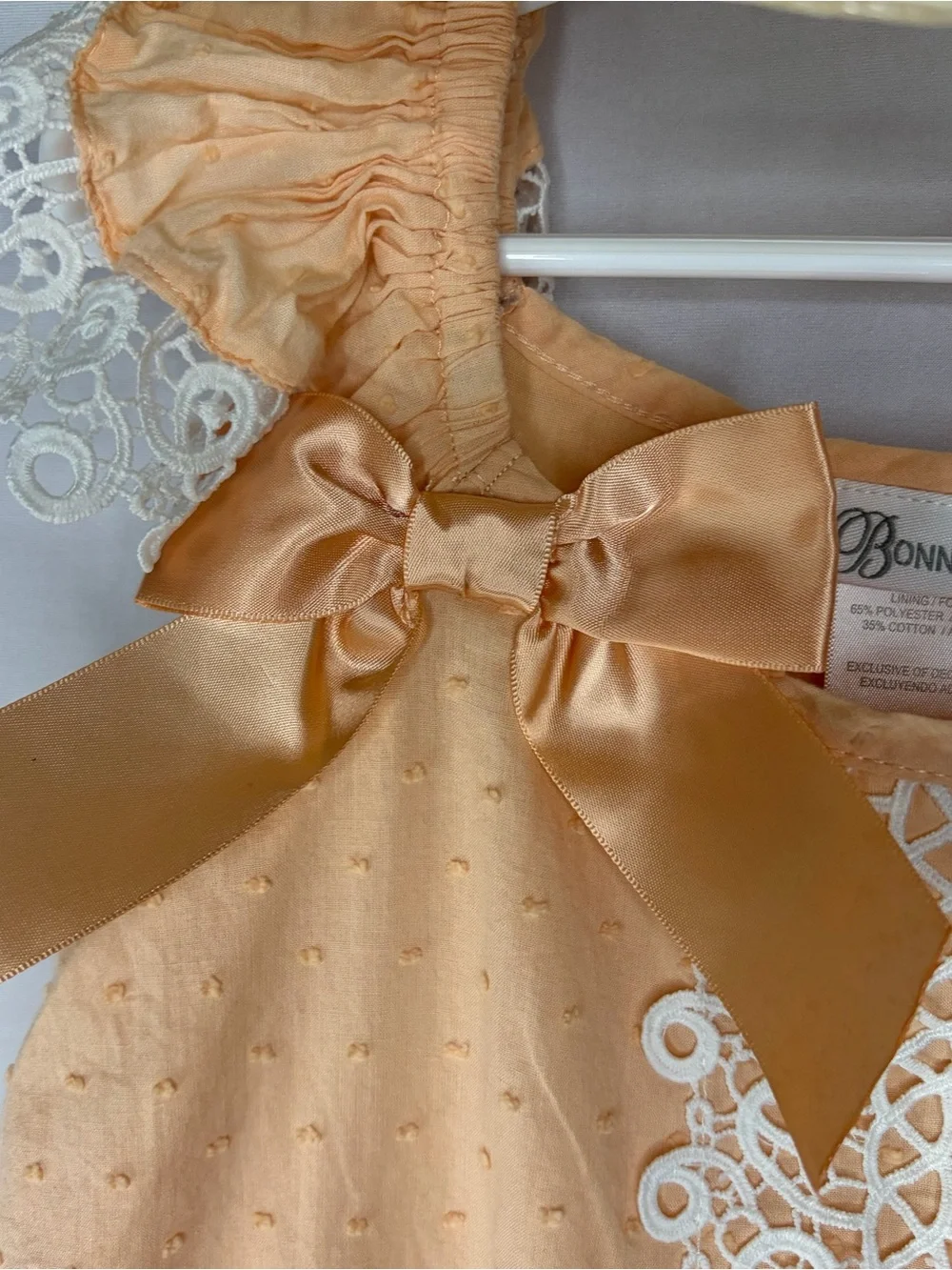 Bonnie Jean Peach Swiss Dot Dress & Matching Sun Hat Set Girls Size 6X Lace East
